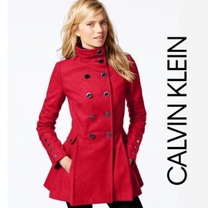 NWT CALVIN KLEIN  red coat wool peacoat pleated winter jacket size 8